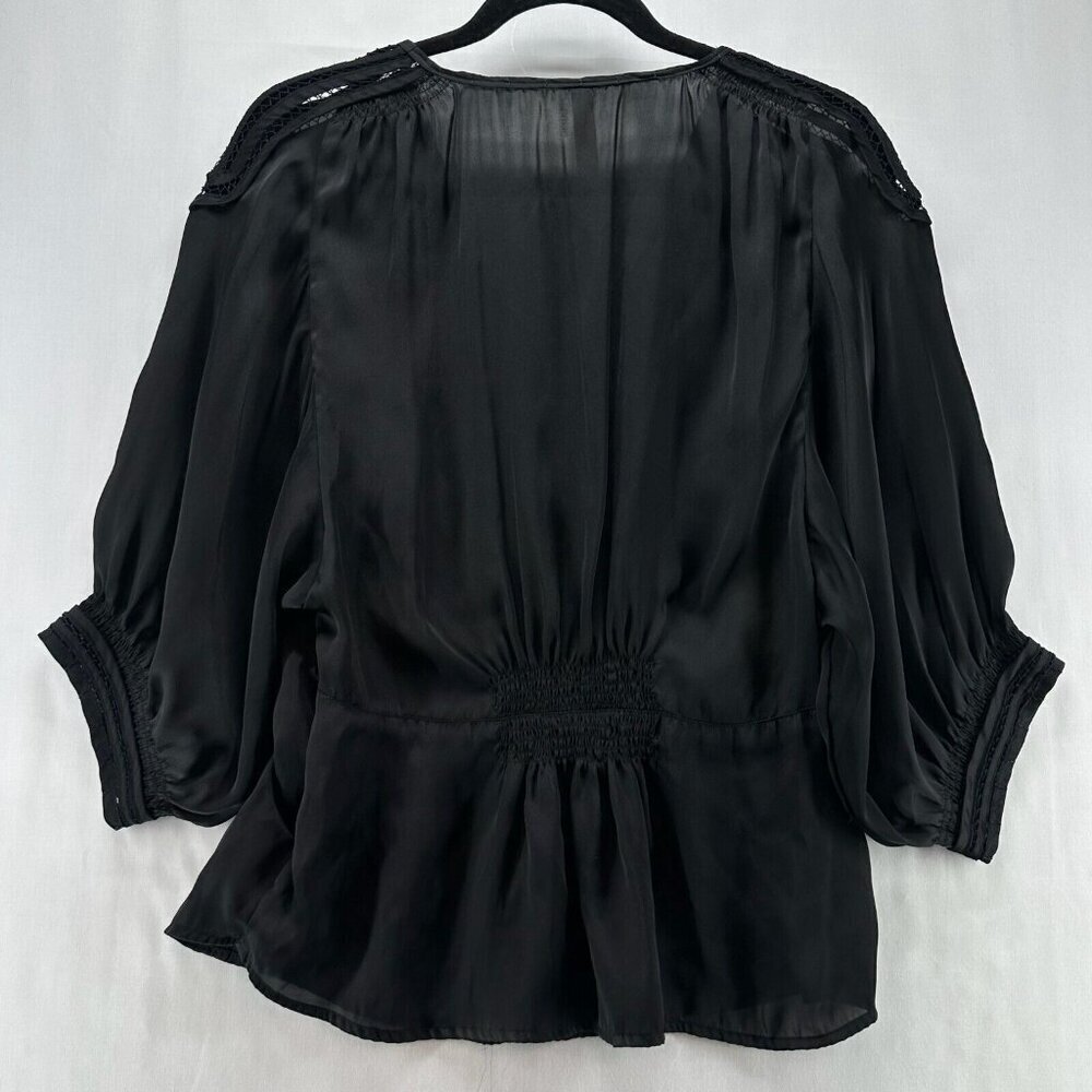 Renee C. Top Womens Size M Smocked Popover Blouse Lace Trim Balloon Sleeve Black - Picture 2 of 11